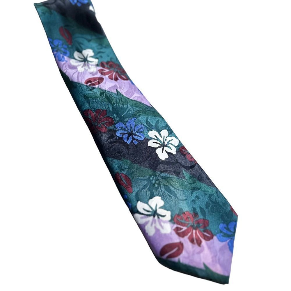 Vintage Green & Purple Tropical Flower Pattern Tie.
